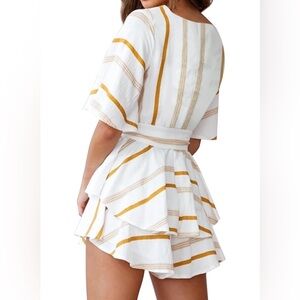 White Mustard Stripe Romper Wrap V Neck Ruffle Shorts Tie Waist Flowy XL